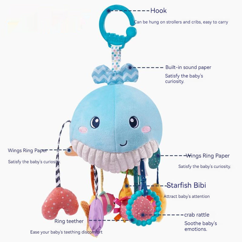 Toys for 0 3 6 9 to 12 Months, Soft Hanging Crinkle Squeaky Sensory Learning Toy Infant Newborn Stroller Car Seat Crib Travel Activity Plush Animal Wind Chime with Teether for Boys Girls